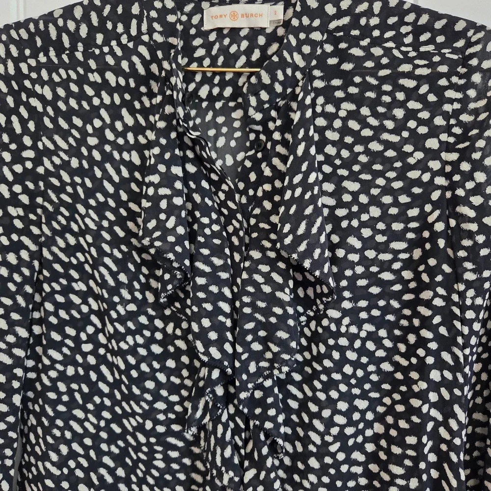 Tory Burch Black White Silk Ruffle Front Blouse Abstract Dot Print Size 2